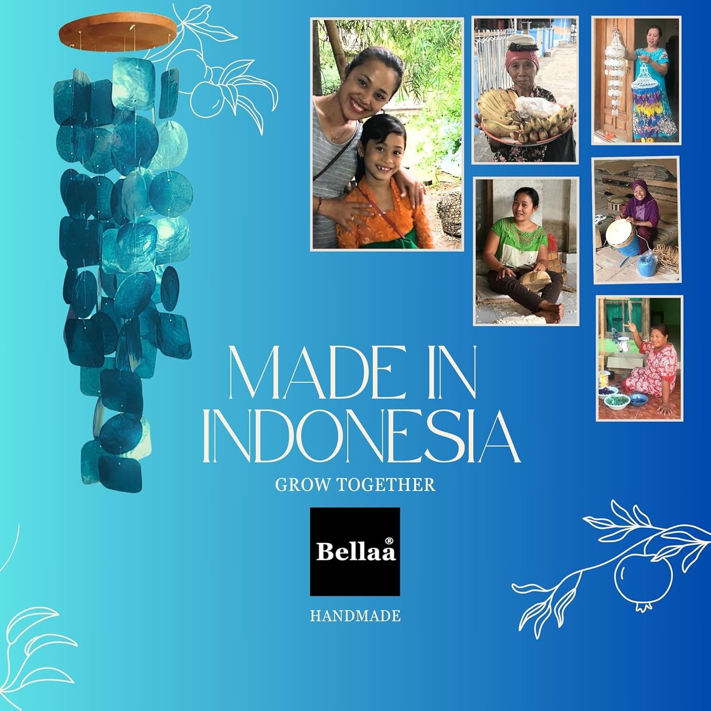 Bellaa 20744 Wind Chimes Outdoor, Garden Decorations, Musical, Indoor/Outside Windchimes, Beach, Ocean Breeze, Gifts for Mom, Gift for All Occasions, Capiz Sea Glass Shells Wood Turquoise Blue