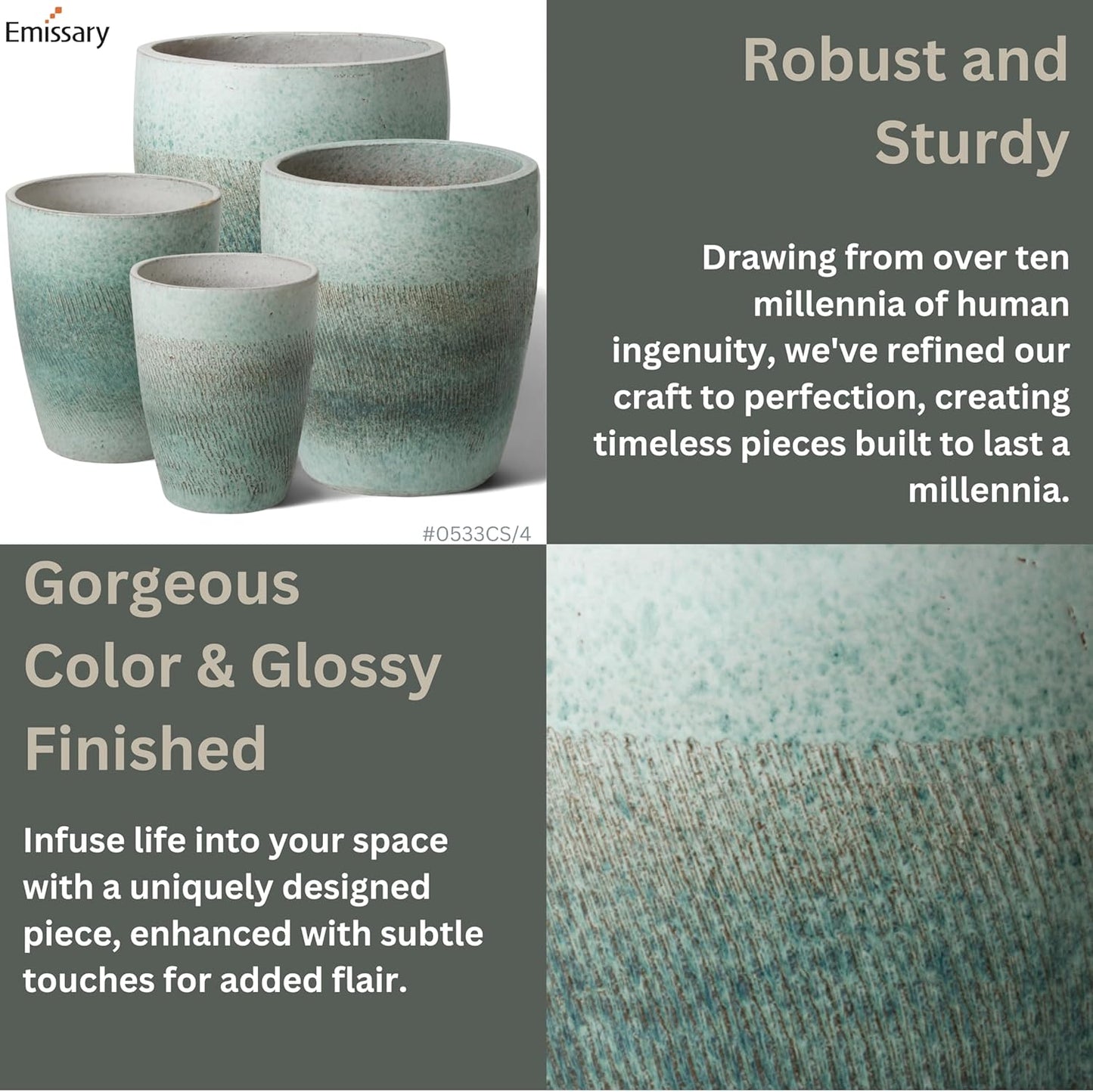 Emissary Home and Garden Bullet 12in., 14in., 15.5in., 21in. H Coastal Splash Ceramic Round Planters with Drainage Hole (Set of 4)