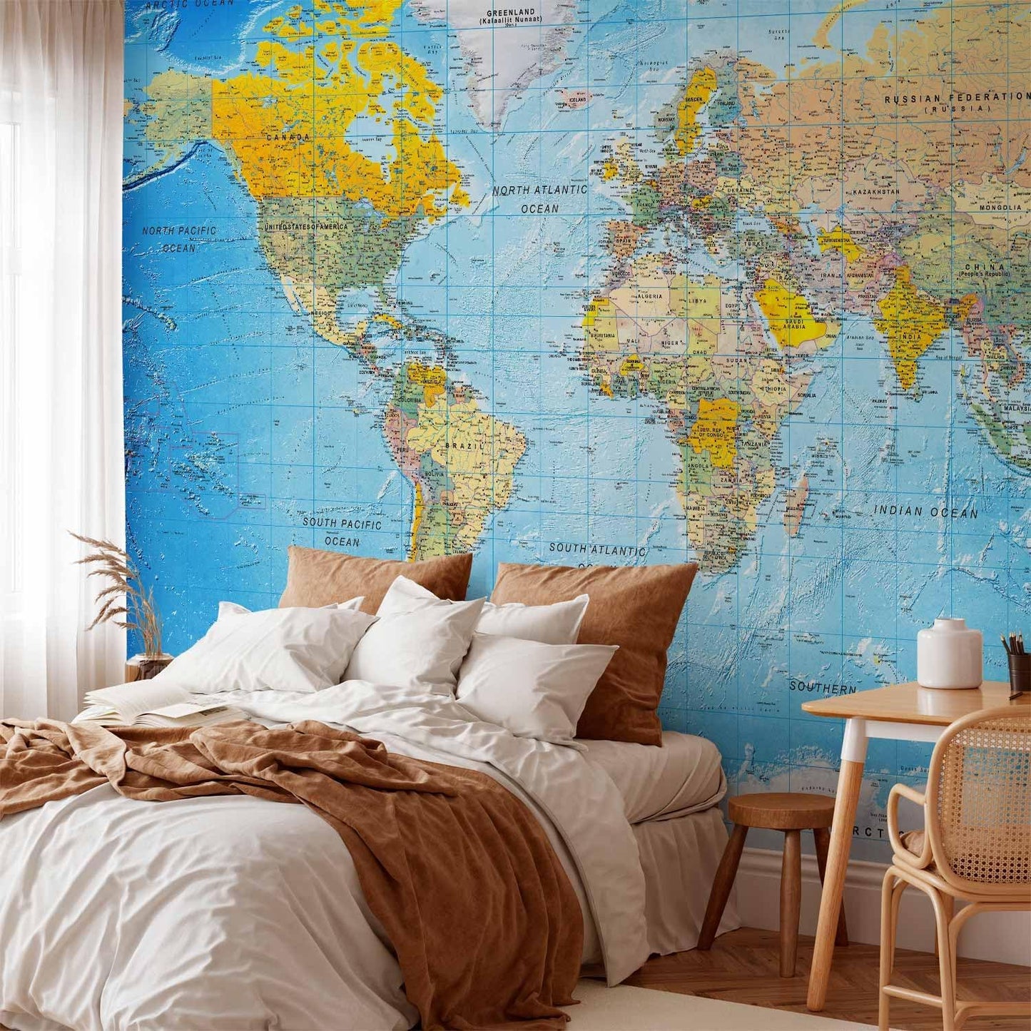artgeist Premium Wall Mural World Map 138x101 in - XXL Non-Woven Wallpaper Fleece Wall Decor Photo Print Picture Image Design Home Map of The World k-A-0109-a-a