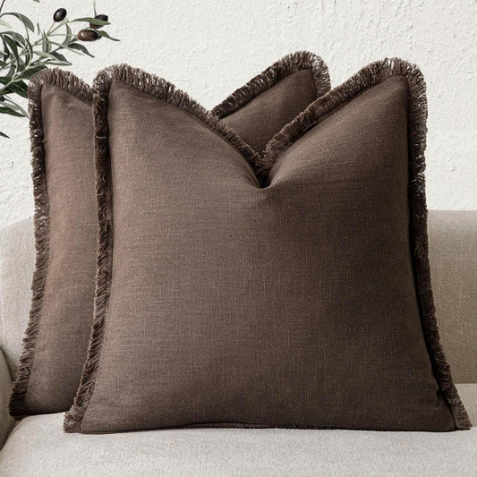 Foindtower Set of 2 Decorative Linen Fringe Throw Pillow Covers Boho Farmhouse Cushion Cover with Tassels Soft Accent Pillowcase for Couch Sofa Bed Living Room Home Decor,16×16 Inch,Reddish Brown