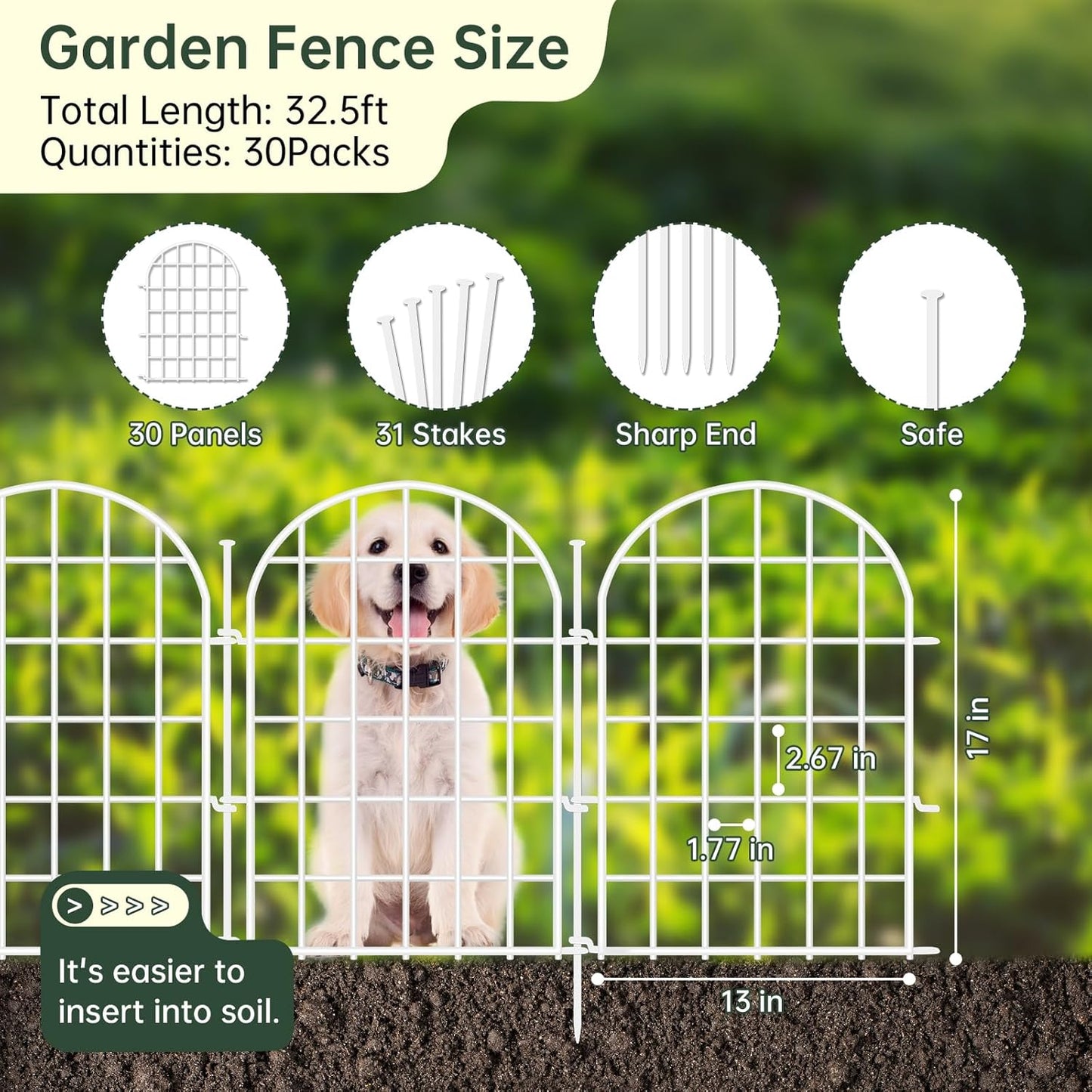 32.5ft(L) x 22in(H) Panels Garden Fence, 30 Panels Arched No Dig Fence, Decorative Animal Barrier Fencing with Ground Stake, Rustproof Metal Garden Edging Border for Dog, Outdoor Patio Decor, White