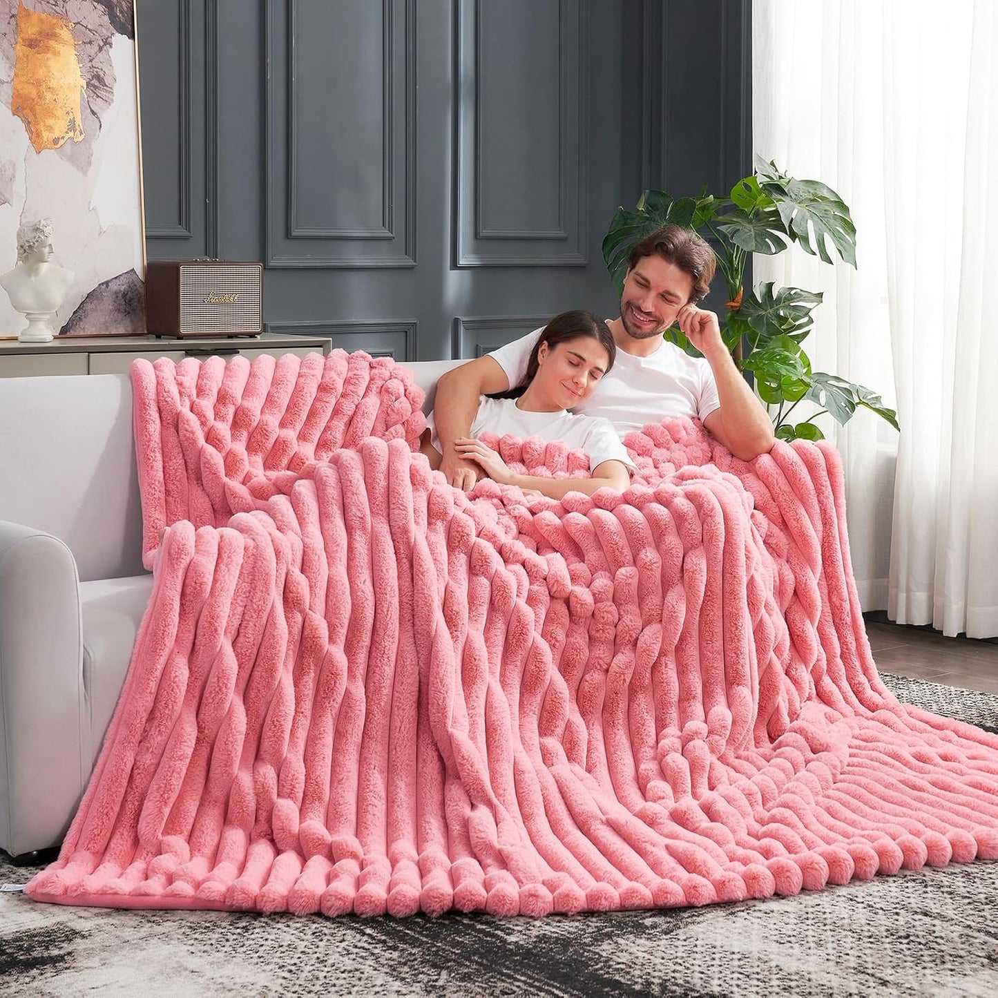 Cozy Bliss Faux Fur Throw Blanket for Couch, Cozy Warm Plush Striped Blanket for Sofa Bedroom Living Room,50 * 60 Inches Hot Pink