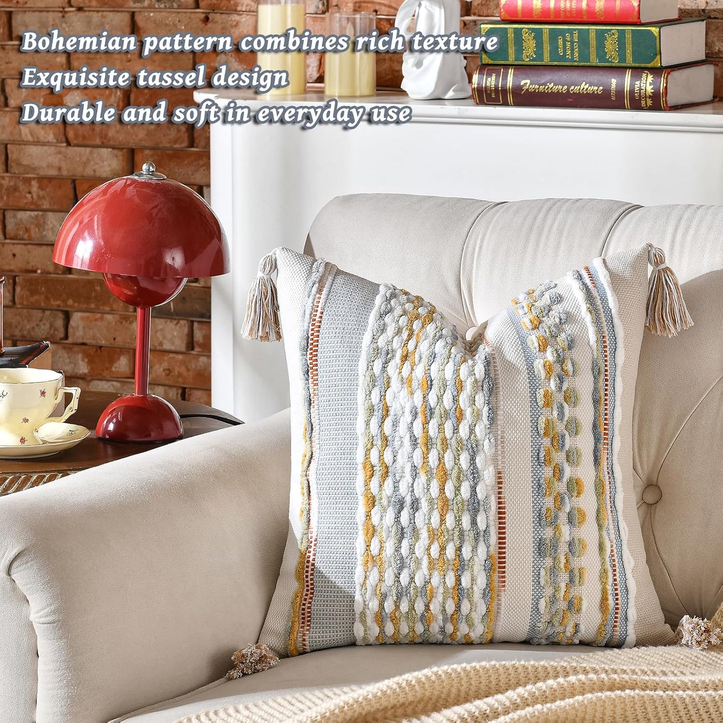 AmHoo Set of 2 Chenille Striped Textured Boho Throw Pillow Covers Aesthetic with Tassels Woven Decorative Pillow Case for Couch Bed Sofa Bedroom Modern Funky 18 x 18-Inch Grey