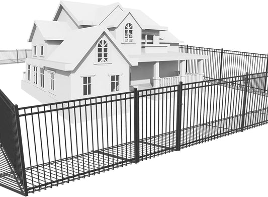 Fencer Wire 52FT Heavy Duty Flat Top Fence Barrier Kit, Anti-Rust Metal Steel Fence with 6FT Height X 8FT Width Panels, Gate, Posts, Connectors, 2” Diameter Outdoor Fencing for Yard, Pool, Patio