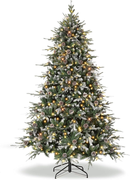 7.5 FT Snow Flocked Christmas Tree with 450 Warm Lights-8 Modes, Prelit Christmas Trees with Pine Cone & Gloves, Metal Folding Stand, Full Artificial Xmars Tree for Home Decor, Norway Spruce, Green