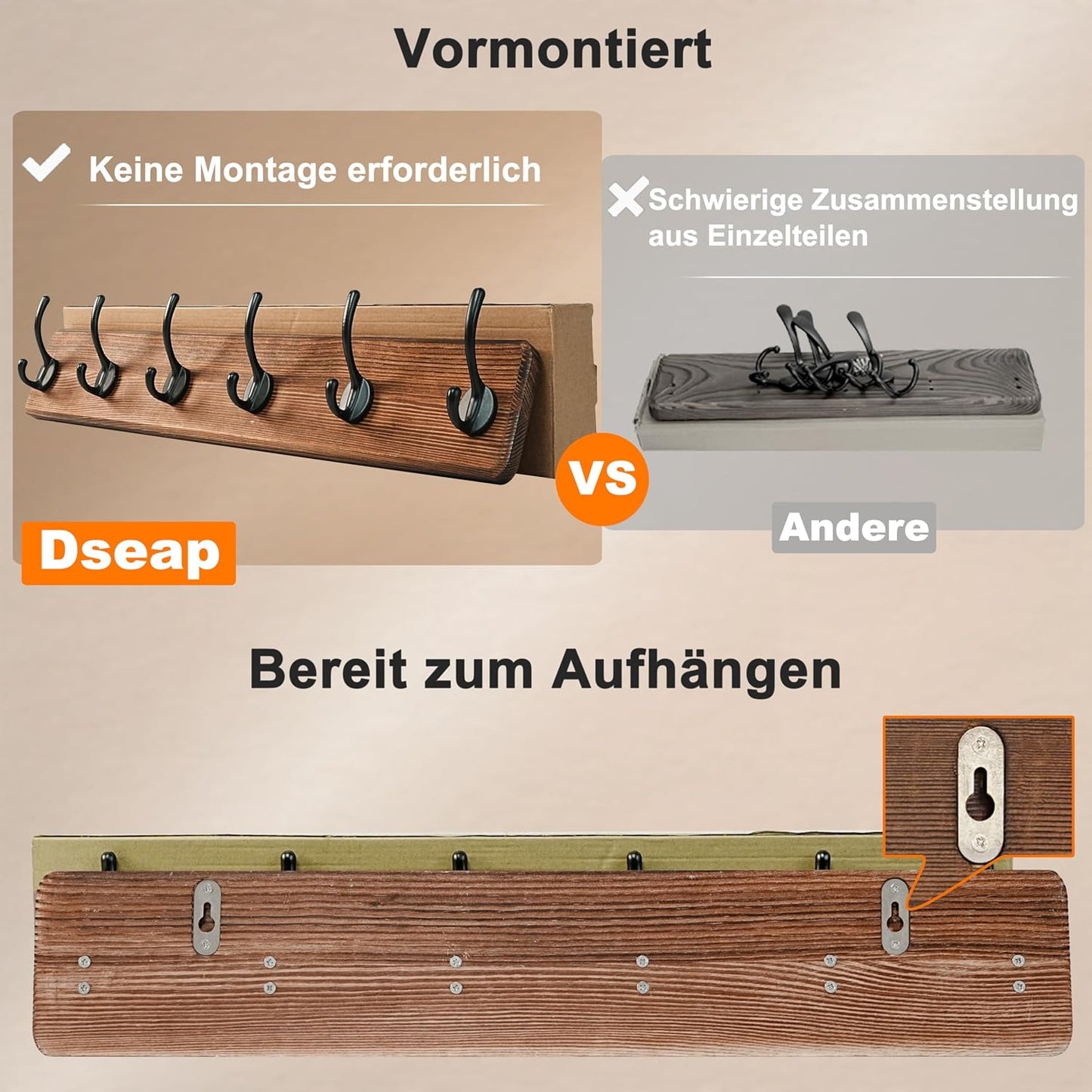 Dseap Wall Mounted Coat Rack: 24" Long, Patented, Heavy-Duty, 6-Double-Hooks Wooden Hanger Rail for Winter Coats, Hat, Jacket, Clothing - Natural & Black, Pack of 2