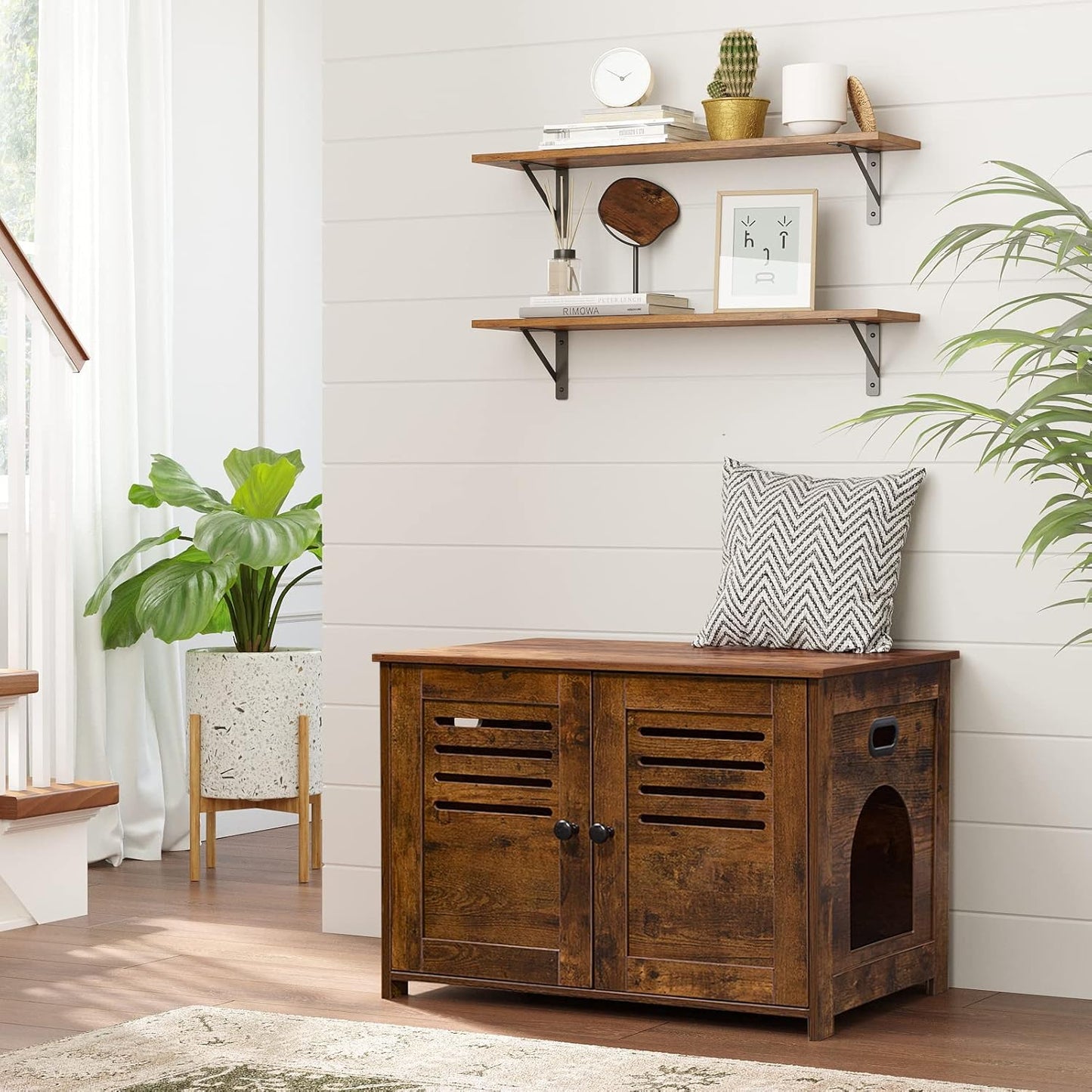 DINZI LVJ Long Wall Shelves, Set of 4, 31.5Inch Wall Mounted Shelves, Extra Large Wall Storage Ledges with Sturdy Metal Brackets for Living Room, Bathroom, Bedroom, Kitchen, Rustic Brown