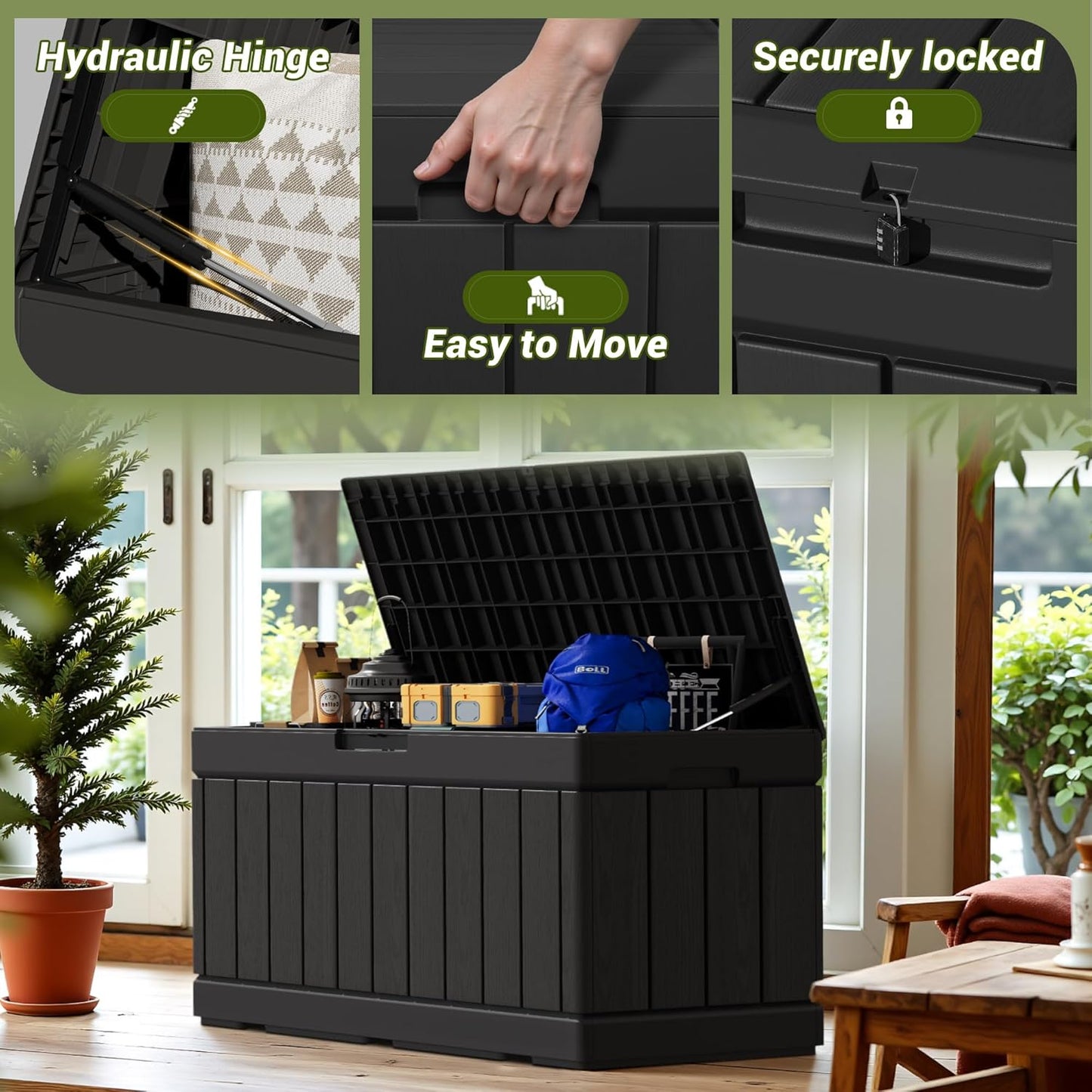 Devoko 80 Gallon Deck Box, Waterproof Resin Outdoor Storage Box for Outside and Patio, Outdoor Storage Bench Lockable for Patio Furniture, Garden Tools and Pool Supplies (Black, 80 Gallon)