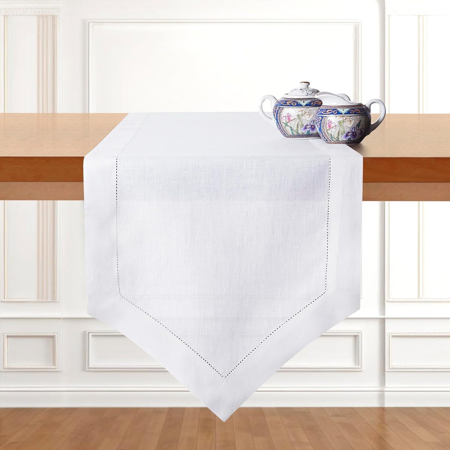 D'Moksha Homes White Linen Table Runner 72 Inches Long - 100% Pure Linen Diamond Table Runner 14 x 72 Inch for Dining, Fall and Halloween - Machine Washable