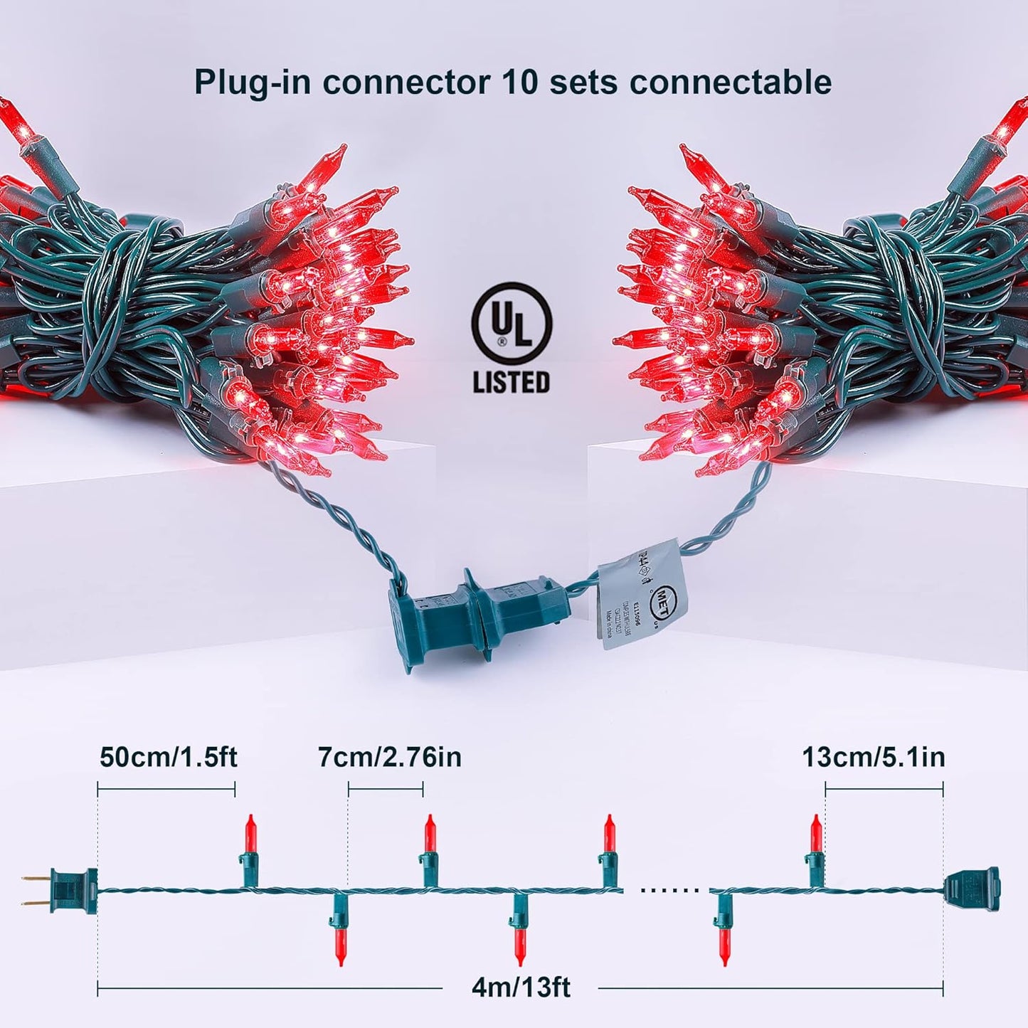 50-Count Red Valentine's Day Lights with Green Wire Waterproof,Mini String Lights for Holiday Decorations, Christmas Tree, Party, Wedding, Xmas, Home, Indoor & Outdoor Use (13ft Long)