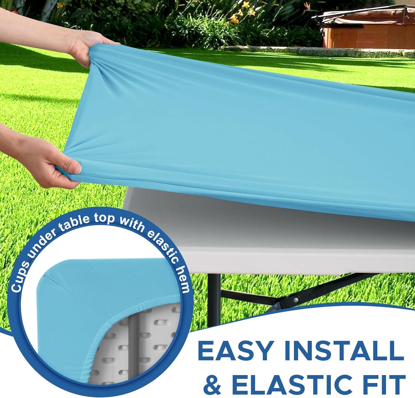 Fitted Tablecloth for 8 Foot Rectangle-6 Pack Light Blue Elastic Outdoor Picnic Table Cover-Spandex Stretch Folding Table Cloths 8ft for Camping Dining Room Patio Kitchen Banquet Party