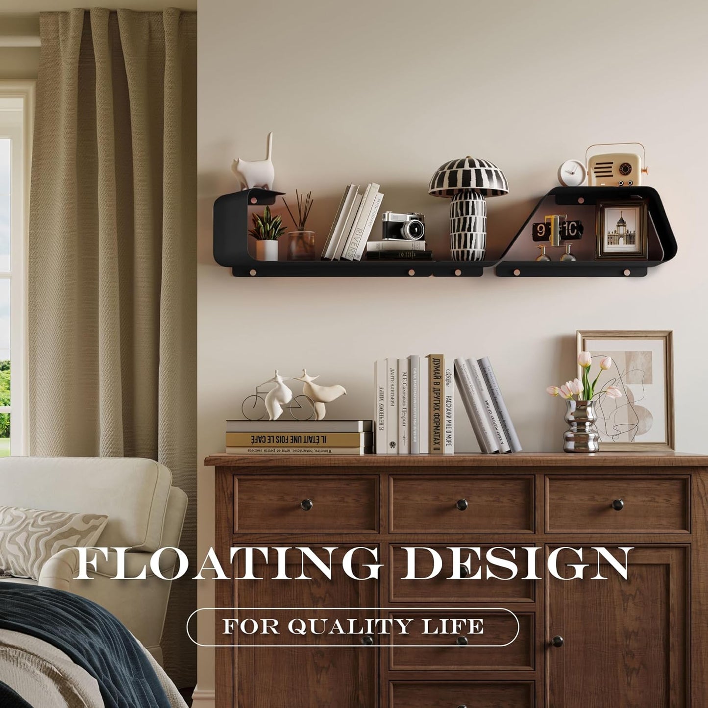 Floating Shelves, Wall Shelf, Set of 3 Wall Mounted Metal Shelves with Unique Design for Wall Storage, Book Shelf, Display Shelves for Bathroom Bedroom Kitchen Living Room for Home Black