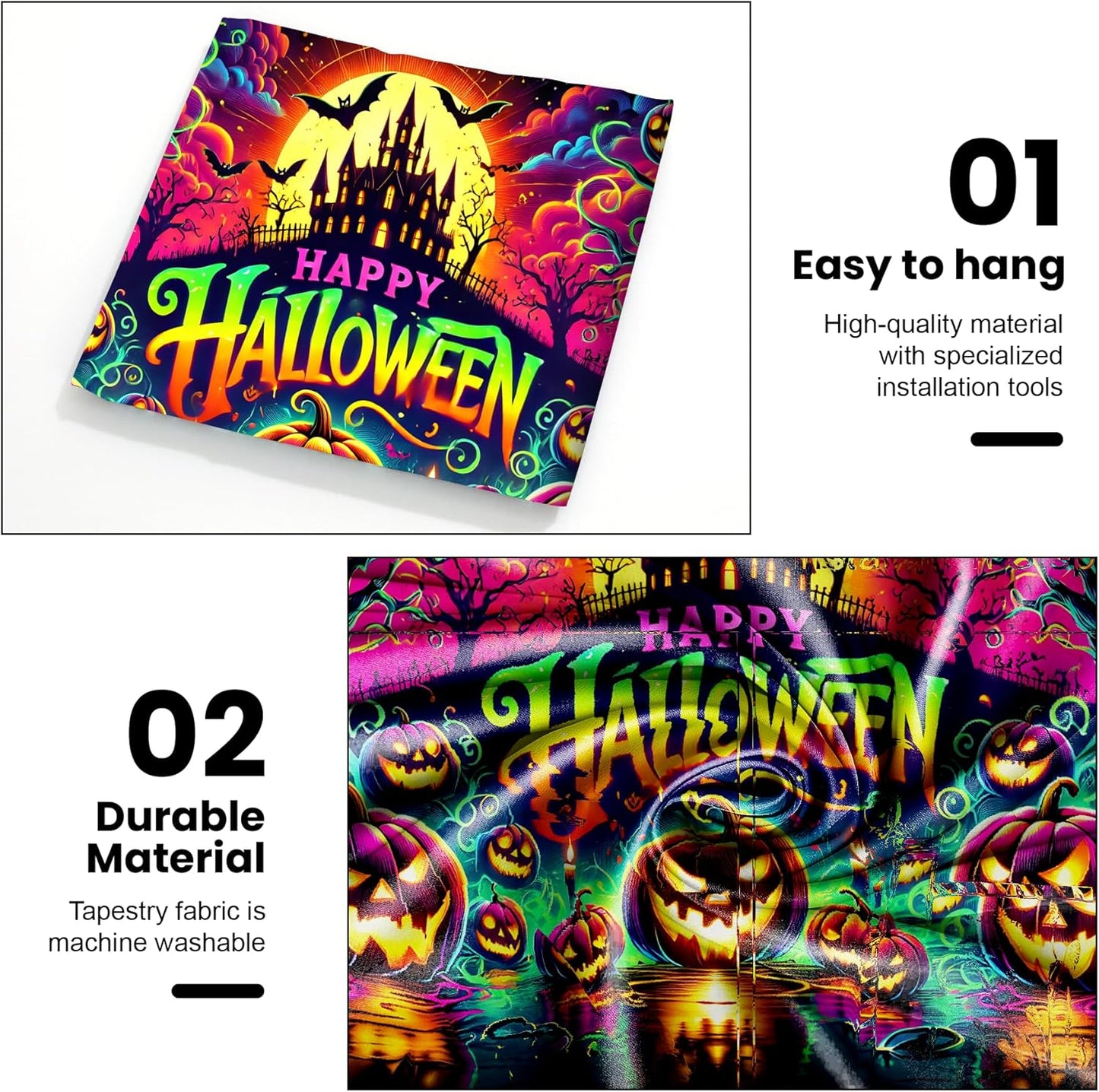 AOHMPT Glow-in-the-Dark Halloween Tapestry - UV Reactive Black Light Wall Hanging Decor for Spooky Parties, Bedroom, Living Room (Pumpkin-Castle, 79L x 59W, Unframed)