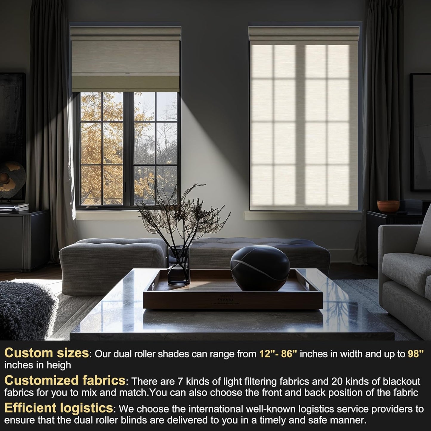 BERISSA Cordless Dual Roller Shades with Cassette Valance, Double Window Shades - Blackout and Light Filtering, Day and Night for Home Office Door. Striped Jacquard Beige. 43 W x 44" H