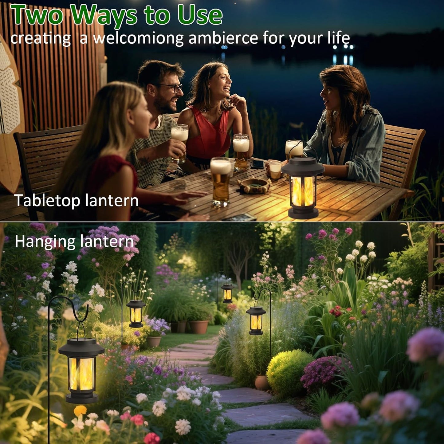 Derynome Solar Lantern Outdoor Lights, 4 Pack Upgraded Flickering Flameless Solar Lights Outdoor Waterproof, Hanging Decorative Lanterns for Yard Patio Path Garden Decor (4)