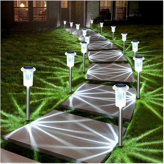 DenicMic Solar Lights Outdoor 10 Pack Waterproof 6000K Cold White LED Stainless Steel Stake for Pathway Yard Garden Driveway Solar Powered Outside Decor