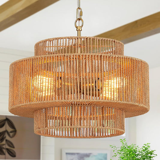 17.7" Boho Rattan Chandelier Light Fixture 4-Light Hand-Woven Bamboo Vintage Farmhouse Chandelier Drum Wicker Golden Chandeliers for Dining Room, Kitchen Island, Bedroom, Foyer