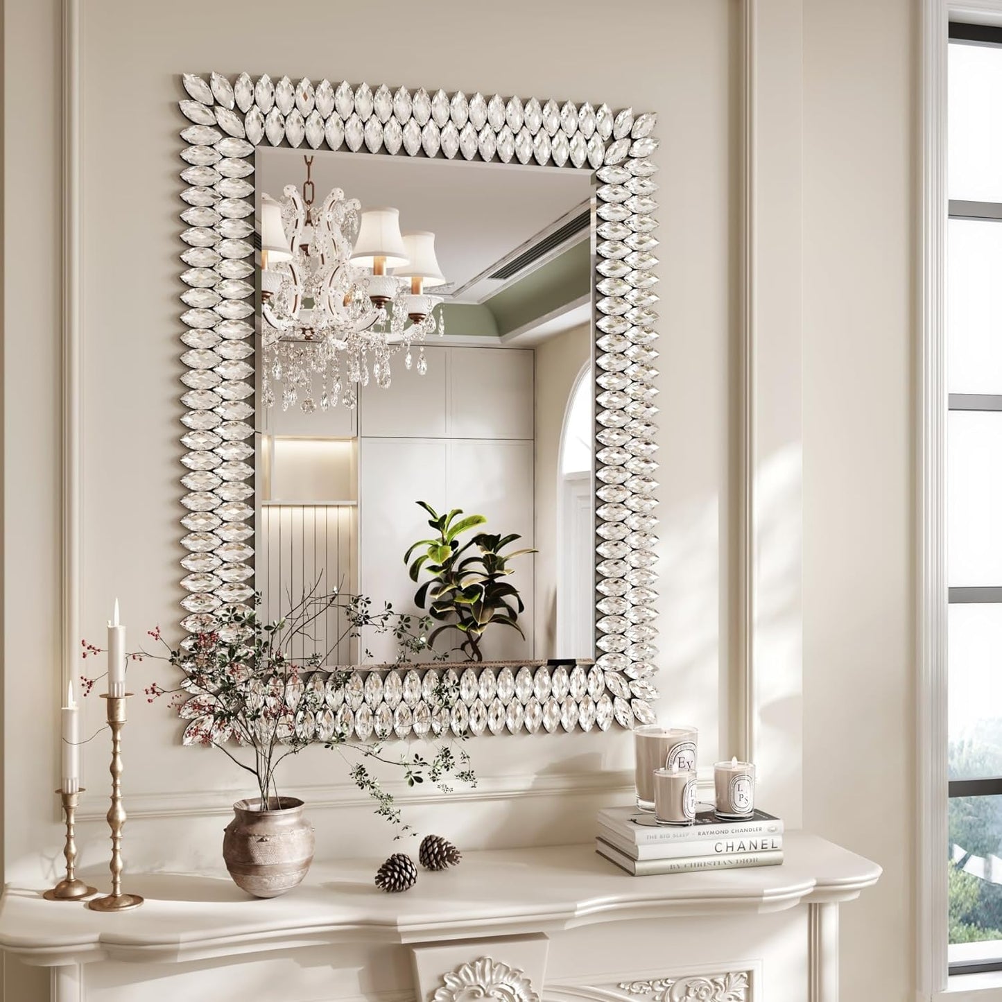 Kelly Miller 30"x40" Jeweled Bathroom Wall Mirror, Large Rectangle Mirror Decorative Mirror Luxury Vanity Mirror with Diamonds for Master Bath Half Bath Living Room Bedroom Fireplace Mantle Entryway
