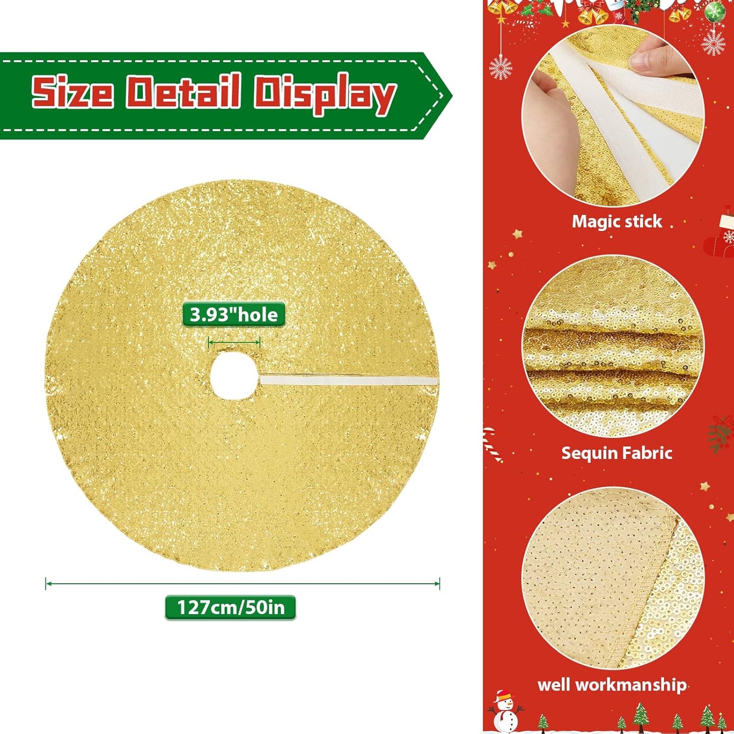 Eternal Beauty Christmas Tree Skirt, 50 Inch Gold Sequin Tree Skirt Small Xmas Tree Skirt for Christmas Tree Decorations