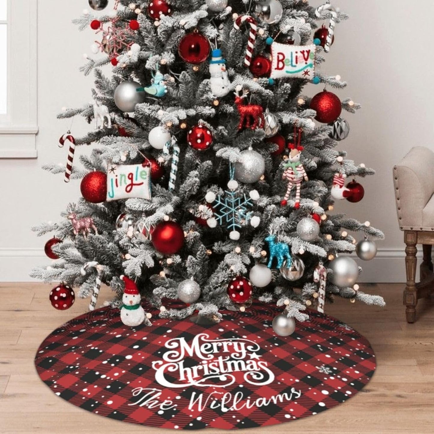 Custom Plaid Christmas Tree Skirt with Name, Personalized Holiday Xmas Tree Decor Gifts for Party Family Home, 30" - 48"
