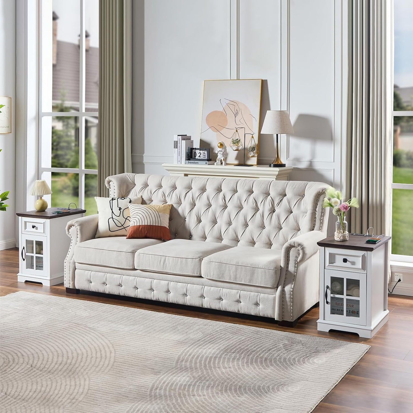 Farmhouse XXL End Table with Charging Station, Side Table with USB Ports and Outlets, Nightstand with Drawer and Glass Door Storage, White Bedside Tables for Living Room, Bedroom, Office