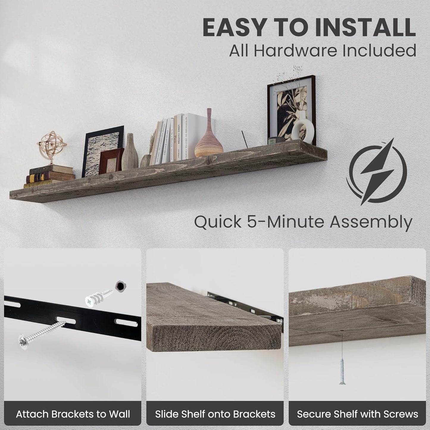 72 inch Floating Shelves for Wall, 8" Deep Rustic Reclaimed Barnwood Shelves, Floating Shelf Wall Hanging Shelves with Invisible Heavy-Duty Metal Bracket | Wall Mounted | Farmhouse Style, 1PC,Grey