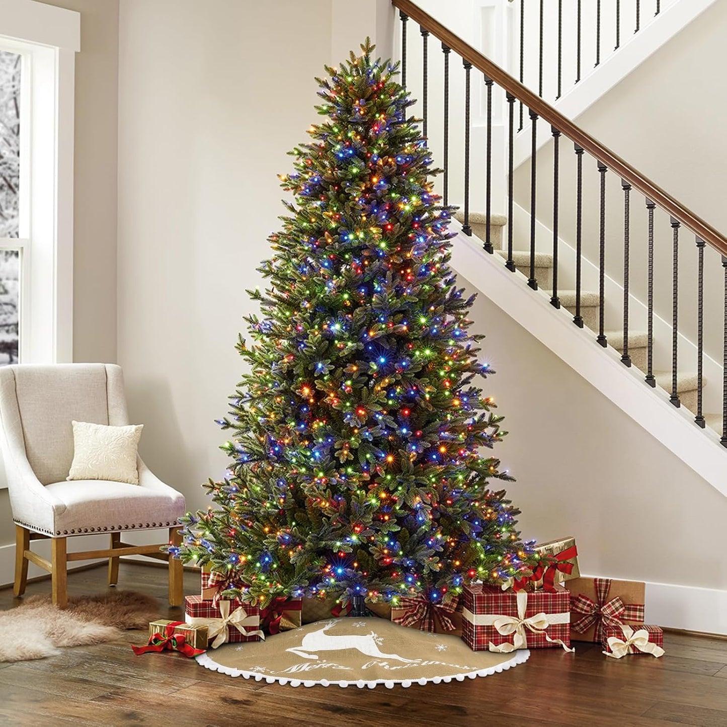 36 Inch Christmas Tree Skirt, Burlap Linen Color Christmas Rustic Tree Skirt with Elk Deer and White Snowflake Printed for Holiday Party Xmas Tree Decoration