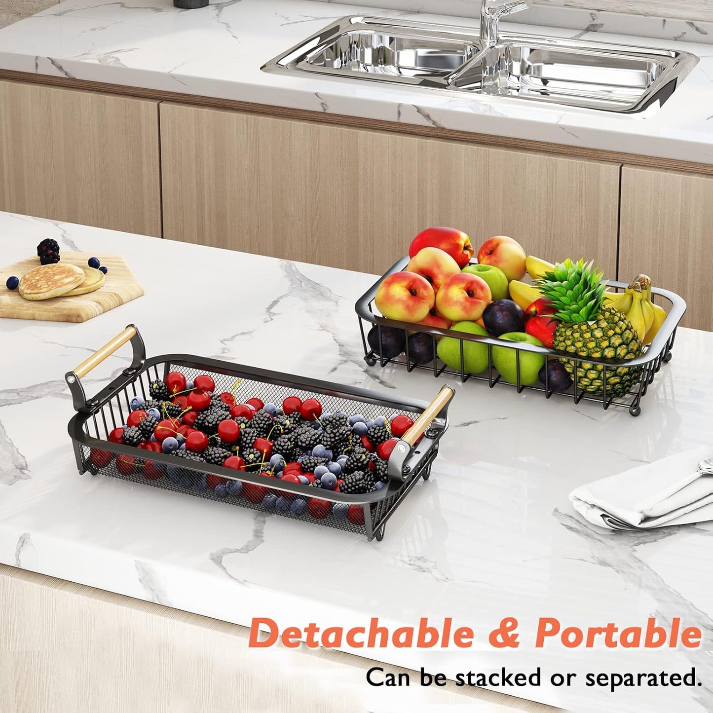 ANTOPY 2 Tier Fruit Basket with 2 Banana Hangers, Countertop Fruit Vegetable Basket Bowl for Kitchen Counter Metal Mesh Basket Fruits Stand Produce Holder Organizer for Onion Potato Bread Snack Veggie