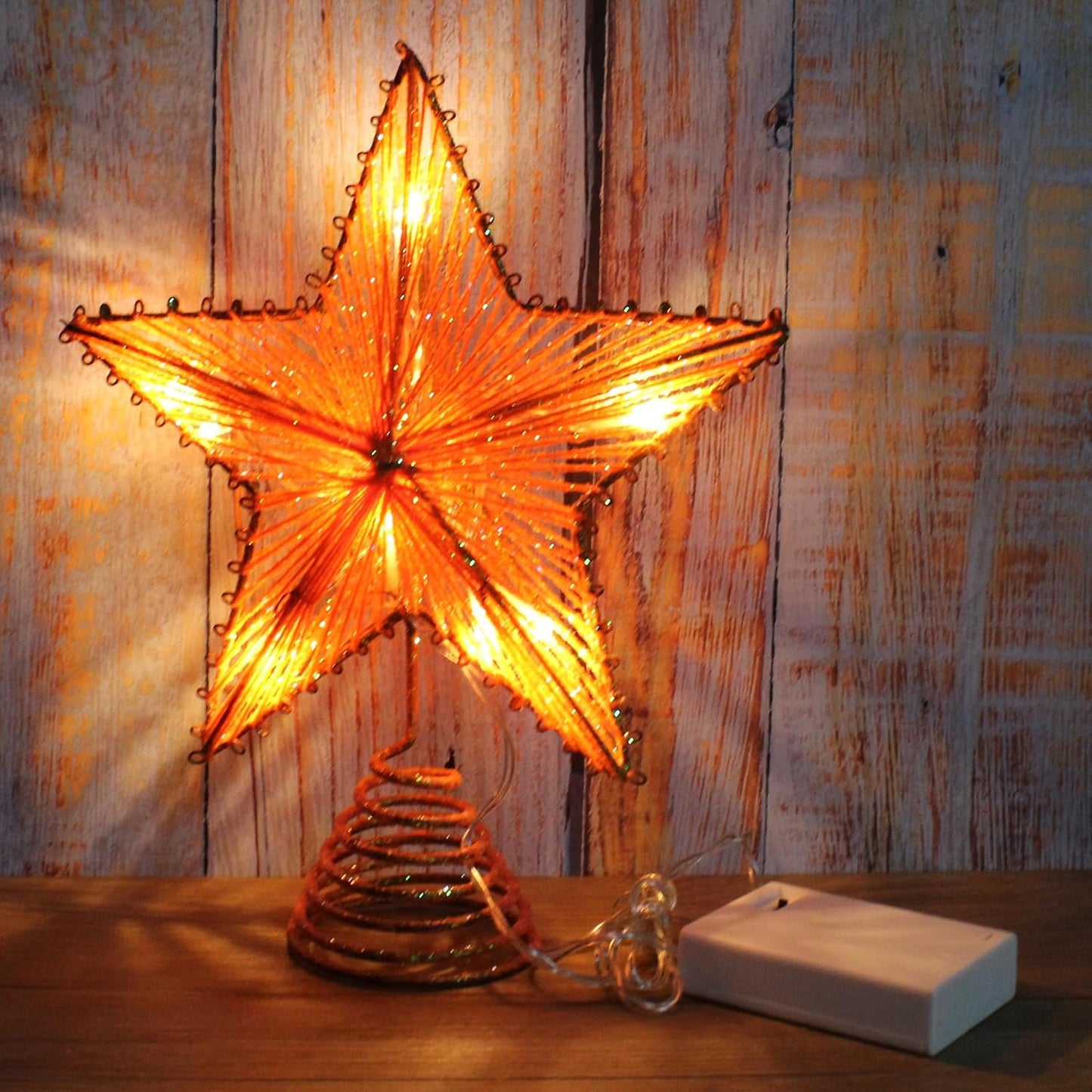 CVHOMEDECO. Orange Glittered 3D Tree Top Star with Warm White LED Lights and Timer for Christmas Tree Topper Decoration and Holiday Seasonal Décor, 8 x 10 Inch