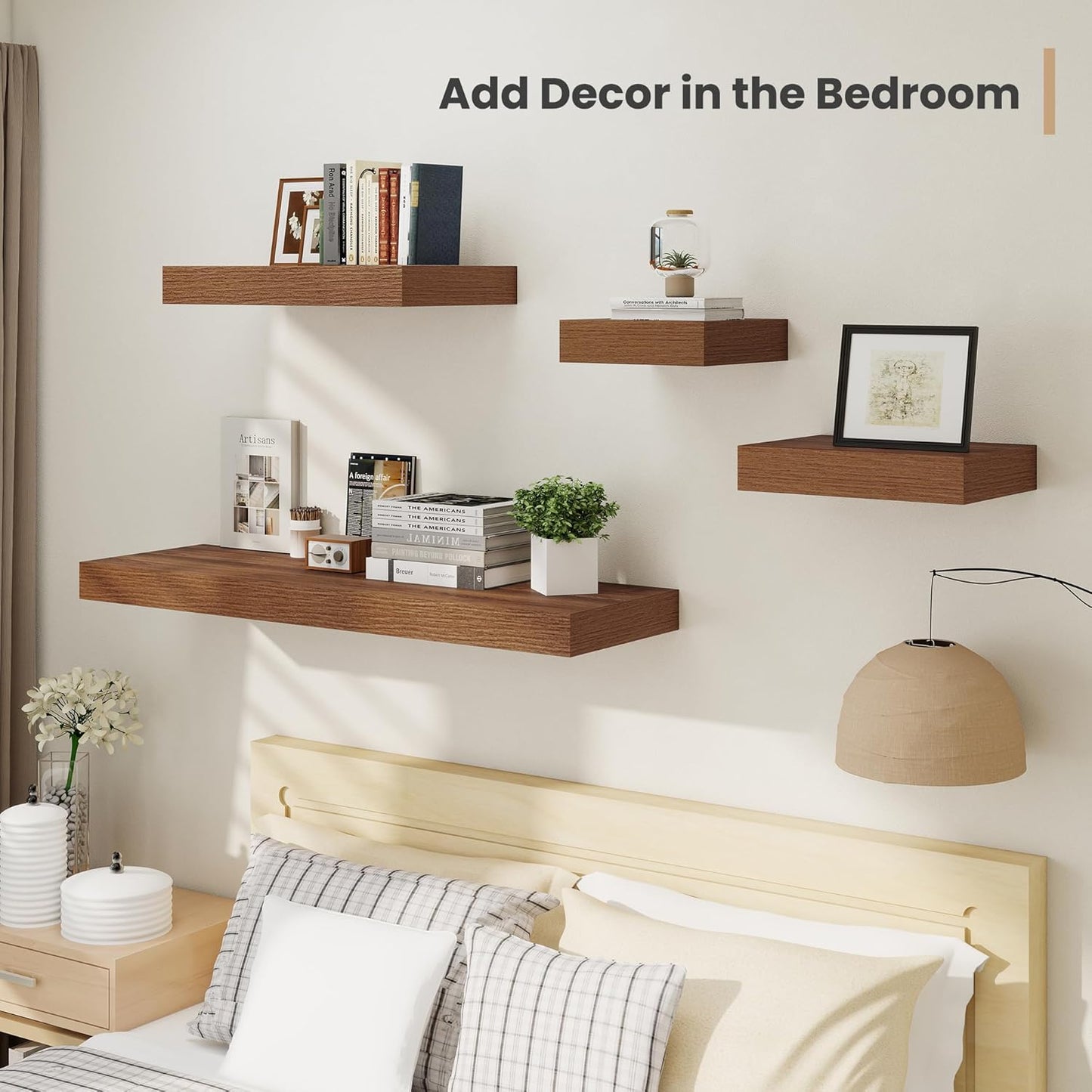 Heimlove 12 Inch Deep Floating Shelves, 12 x 12 inches Long Wall Shelf, Large Extra Display Shelf & Storage Shelf, Rustic Wood Wall Shelves for Fireplace Mantel, Walnut - 2Pack