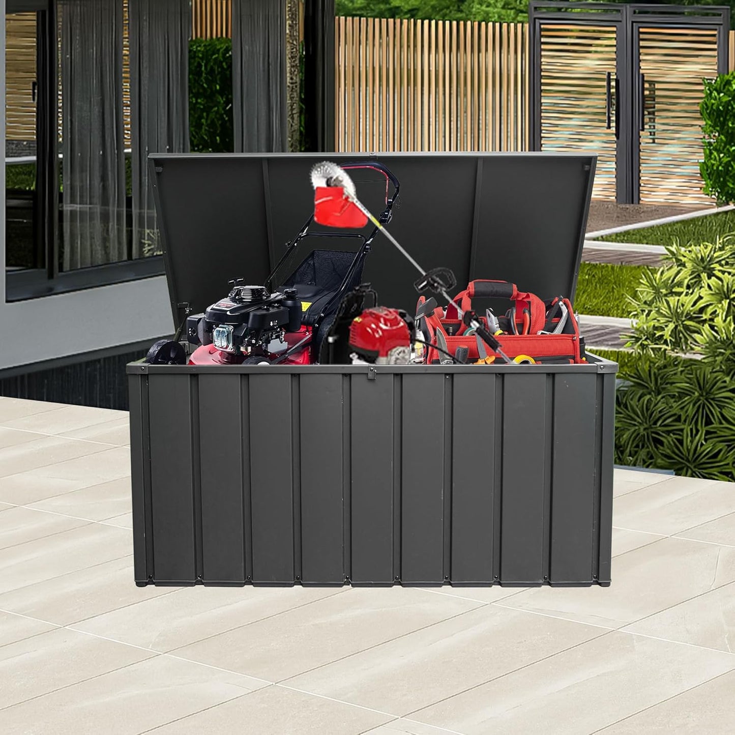 Domi 120 Gallon Deck Box, Outdoor Metal Lockable Storage Cabinet, Waterproof Steel Outdoor Bench with Lockable Lid, Side Handles & Rolling Casters for Outside Cushions, Pillows, Garden Tools, Grey