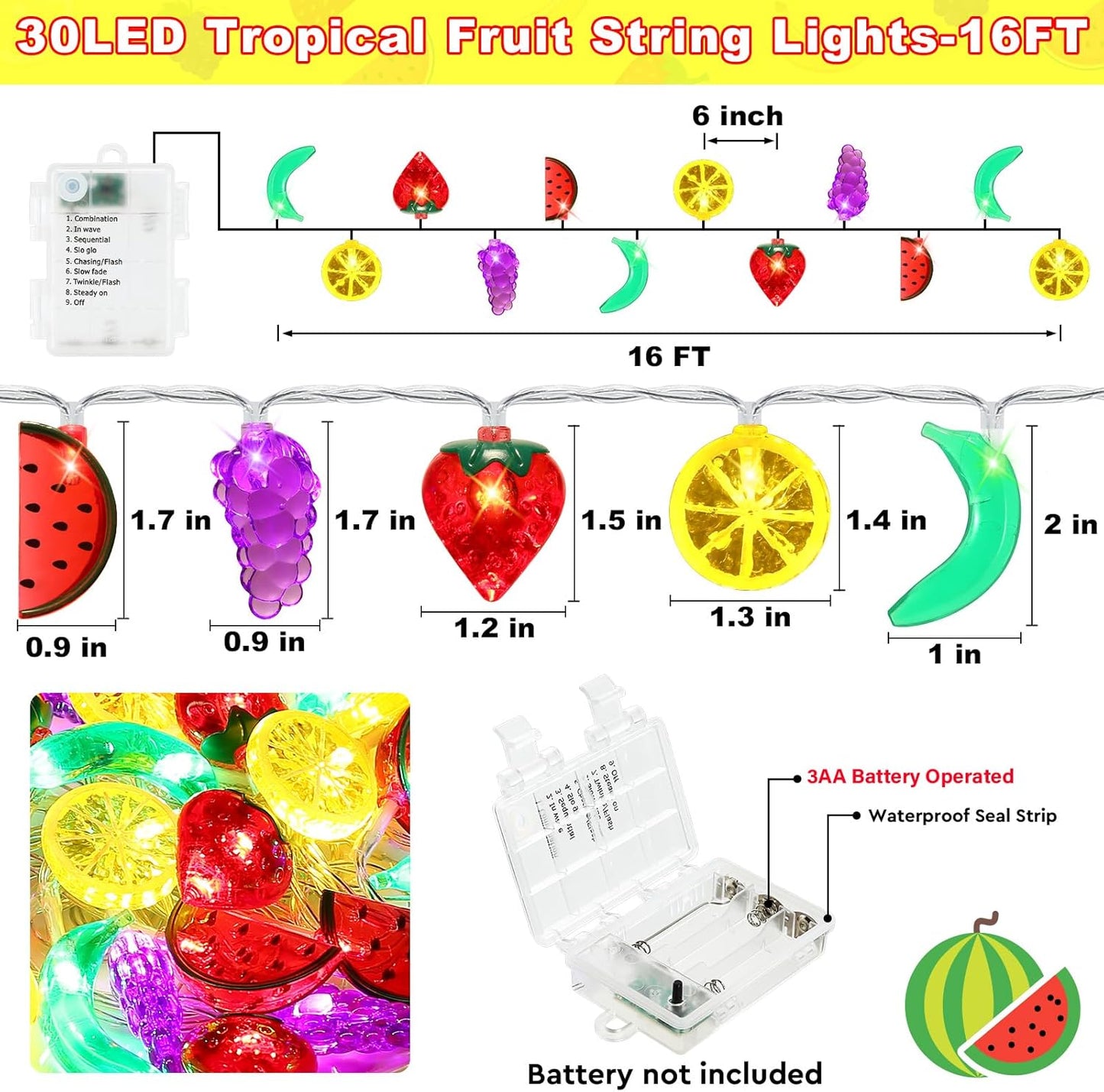 Couah [ 8 Modes & Timer ] 30 LED 16 Ft Summer Tropical String Lights Strawberry Grape Watermelon Lemon Banana Fairy Lights Battery Operated for Tropical Party Pool Beach Summer Decorations