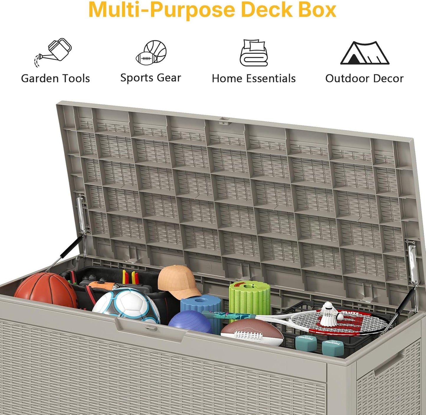 100 Gallon Deck Box Outdoor Waterproof, Rattan Outdoor Storage Box, Patio Storage Boxes for Cushions, Pillow, Garden Tools, Equipment