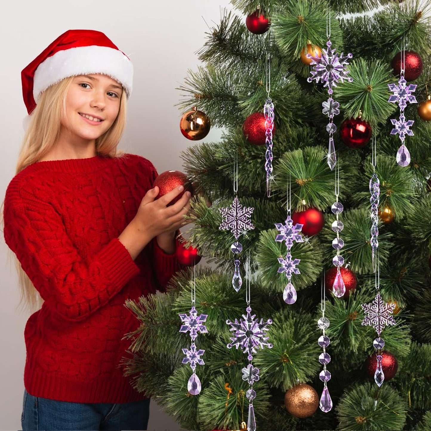 32pcs Crystal Christmas Ornaments for Christmas Tree Decorations-Purple Hanging Acrylic Snowflake and Icicle Ornaments with Drop Pendants for Xmas Winter Wonderland New Year Party Decorations Supplies