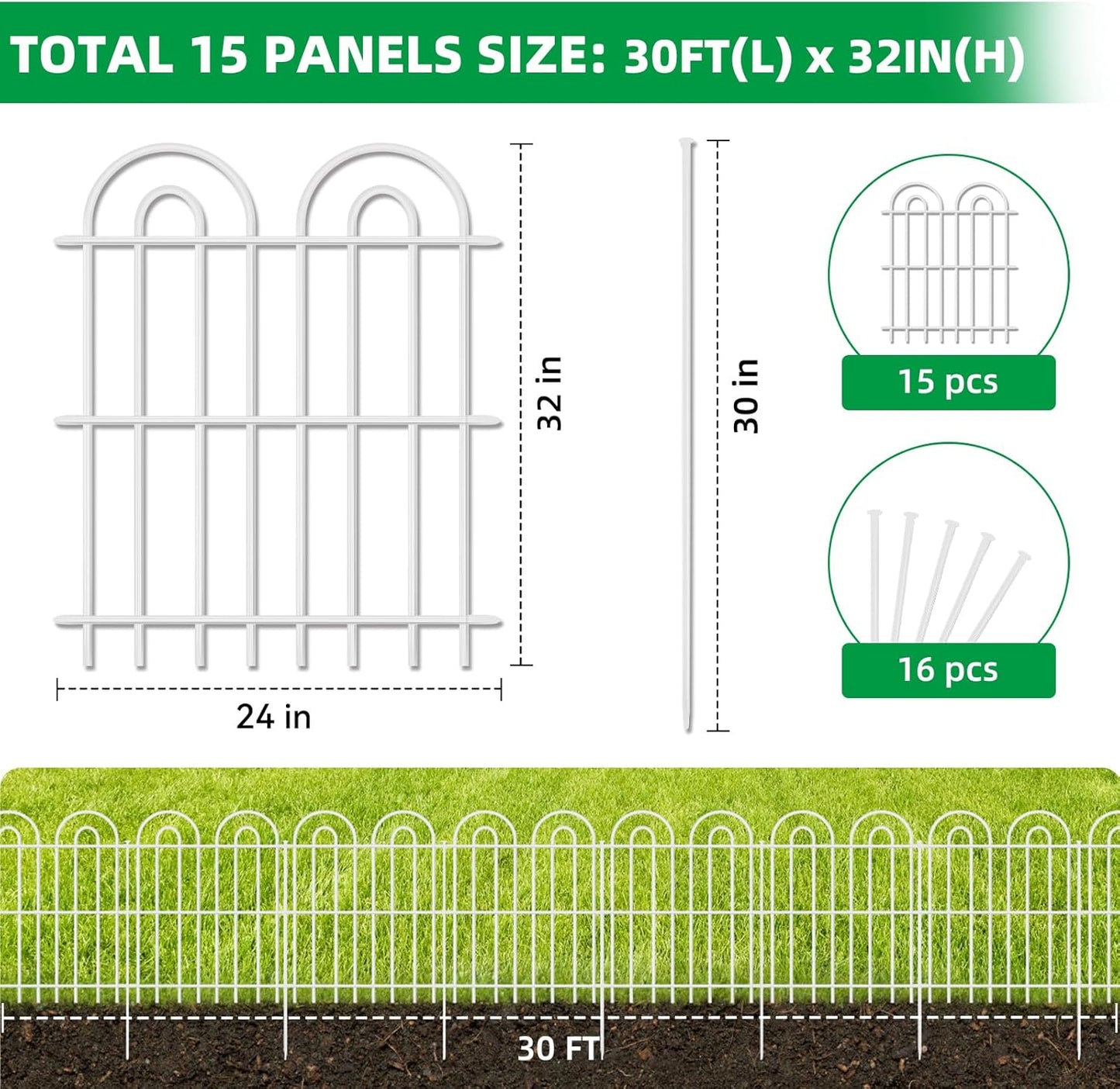 15 Panels Decorative Garden Fence, 32 in(H) X 30 ft(L) No Dig Dog Fence Outdoor for Yard, Rustproof Tall Metal Garden Fencing Animal Barrier with Ground Stakes, Temporary Fencing for Patio, White