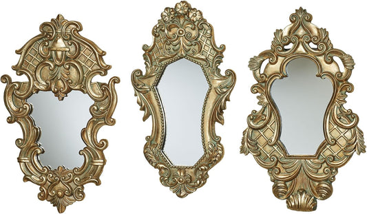 Lattice Scroll Gold Traditional Classic Wall Mirrors | Set of Three | Vintage Accent Hanging Mirror for Bedroom, Living Room, Office, Hallway | Victorian Style Decor