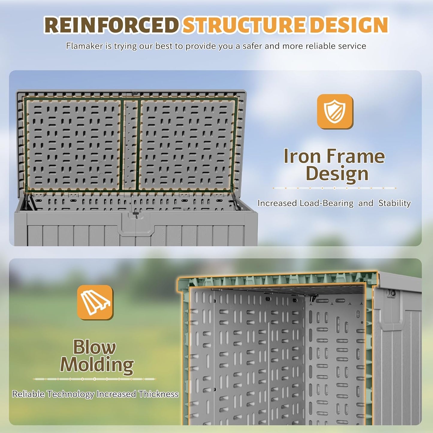 Flamaker Resin Deck Box 250 Gallon, Waterproof Imitation-Wood Lockable Storage Box with Separator Plate Outdoor Indoor, Garden, Patio Furniture for Tools&Pool Accessories (Gray)