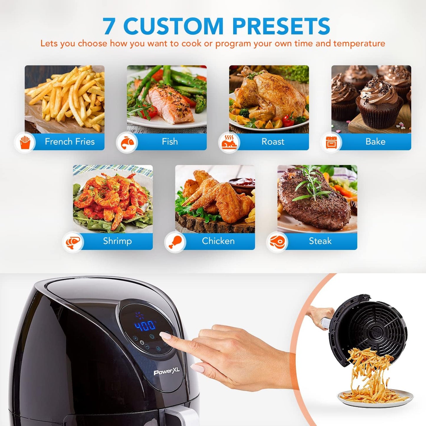 PowerXL Air Fryer 7 QT Maxx Classic, Extra Hot Air Fry, Cook, Crisp, Broil, Roast, Bake, High Gloss Finish, Nonstick, Black