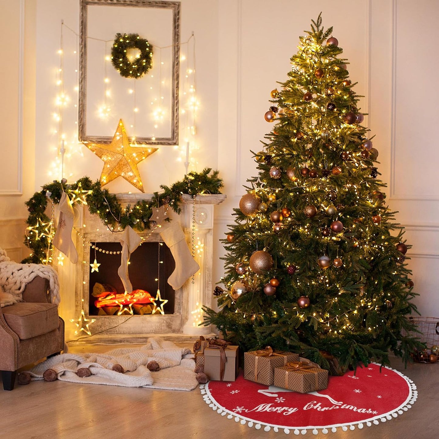 30 Inch Christmas Tree Skirt, Burlap Red Christmas Rustic Tree Skirt with Elk Deer and White Snowflake Printed for Holiday Party Xmas Tree Decoration