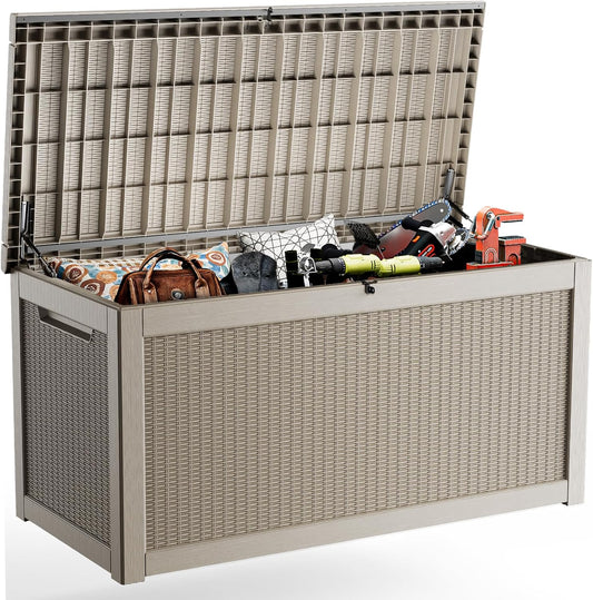 260 Gallon Outdoor Deck Box,Storage Lockable Waterproof Patio Furniture,Garden Tools,Cushions,Pool Accessories Outside Storage Resin Box(Grey)