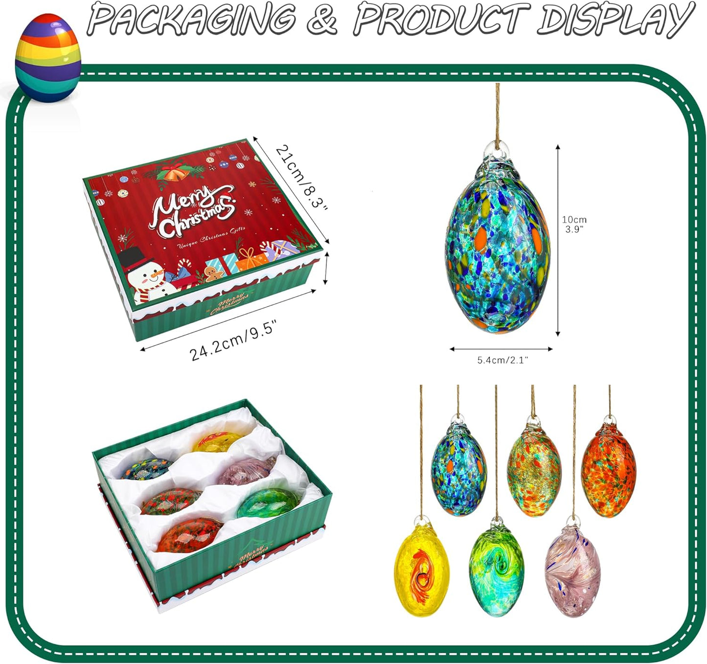 6PCS Hand Blown Glass Egg Ornaments Colorful Hanging Witch Balls Gazing Ball Friendship Ball Decor for Garden Patio Window