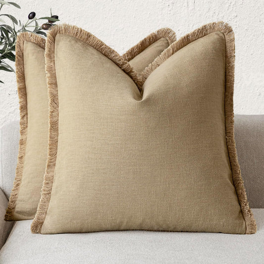 Foindtower Set of 2 Decorative Linen Fringe Throw Pillow Covers Farmhouse Cushion Cover with Tassels Soft Accent Pillowcase for Couch Chair Sofa Bed Living Room Home Decor,20×20 Inch,Light Khaki Taupe