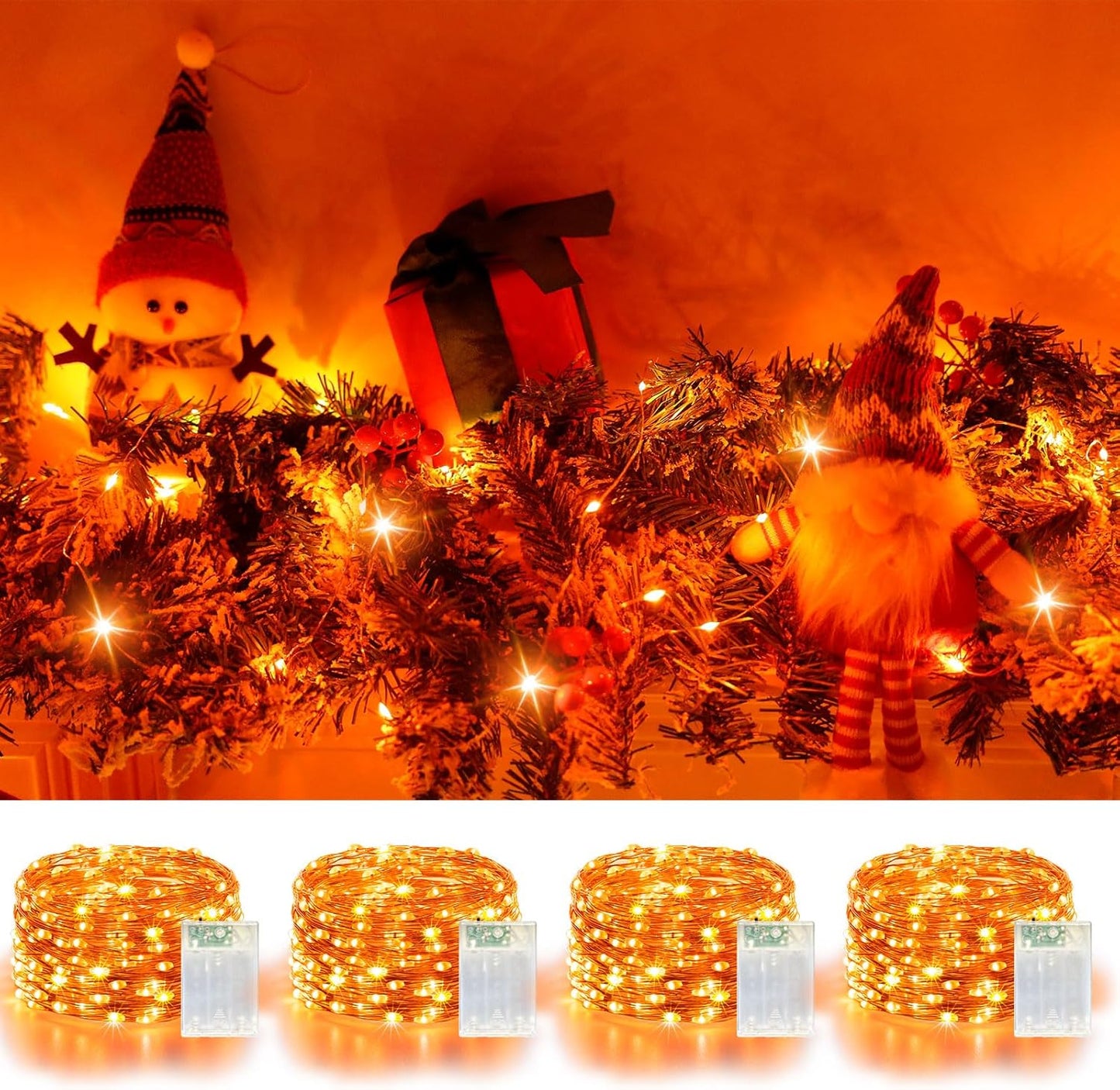 4 Pack 60LED Halloween Fairy Lights Battery Operated - 20FT Twinkle Lights with 2 Lighting Modes Indoor Outdoor, Waterproof Led Fairy String Lights for Christmas, Bedroom, Dorm, DIY Decor, Orange