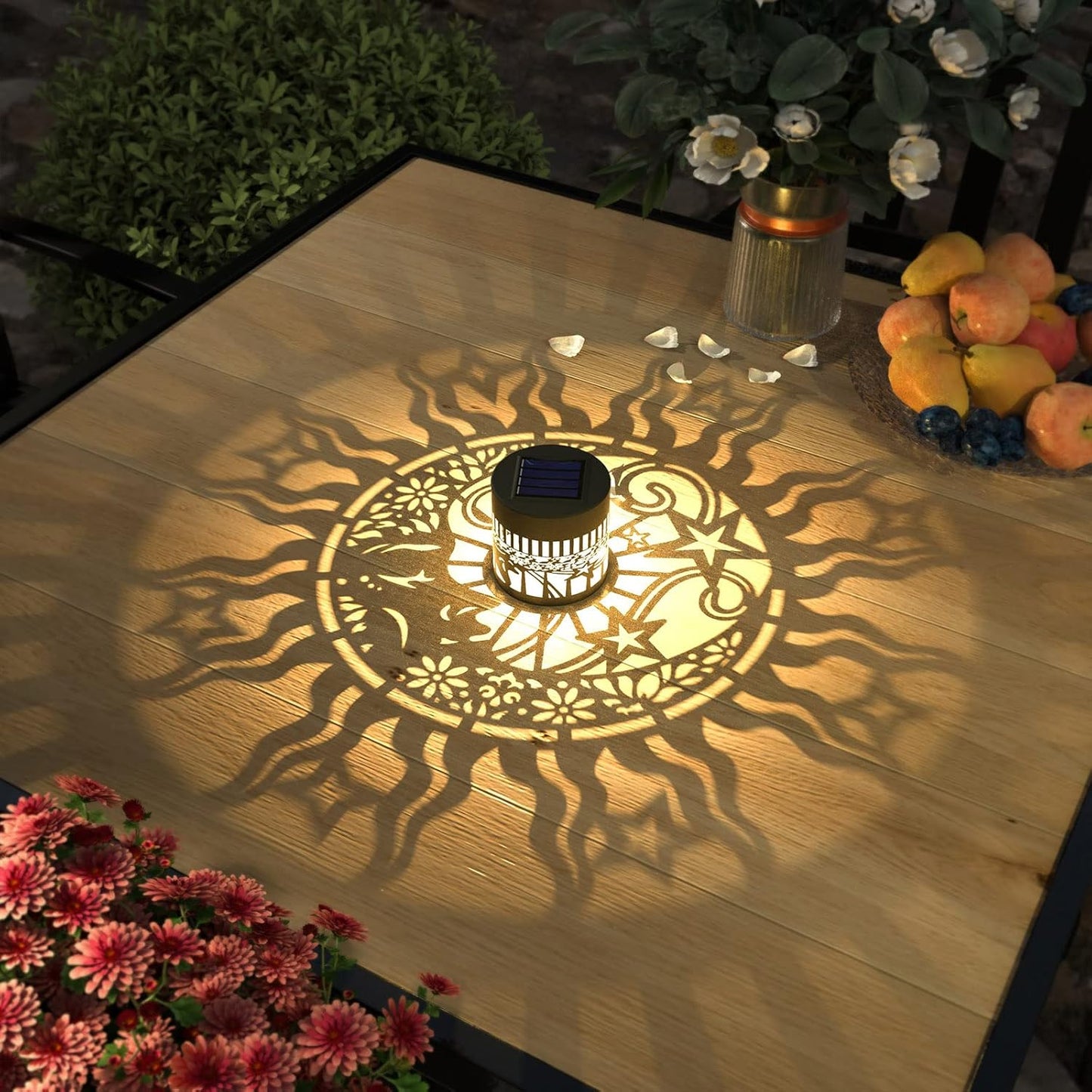 2 Pack Solar Fence Lights Metal Solar Powered Outdoor Wall Deck Lights Sun Moon Theme Waterproof Fence Light for Garden Post Patio Backyard Yard Decor (Face, 2 Pack)