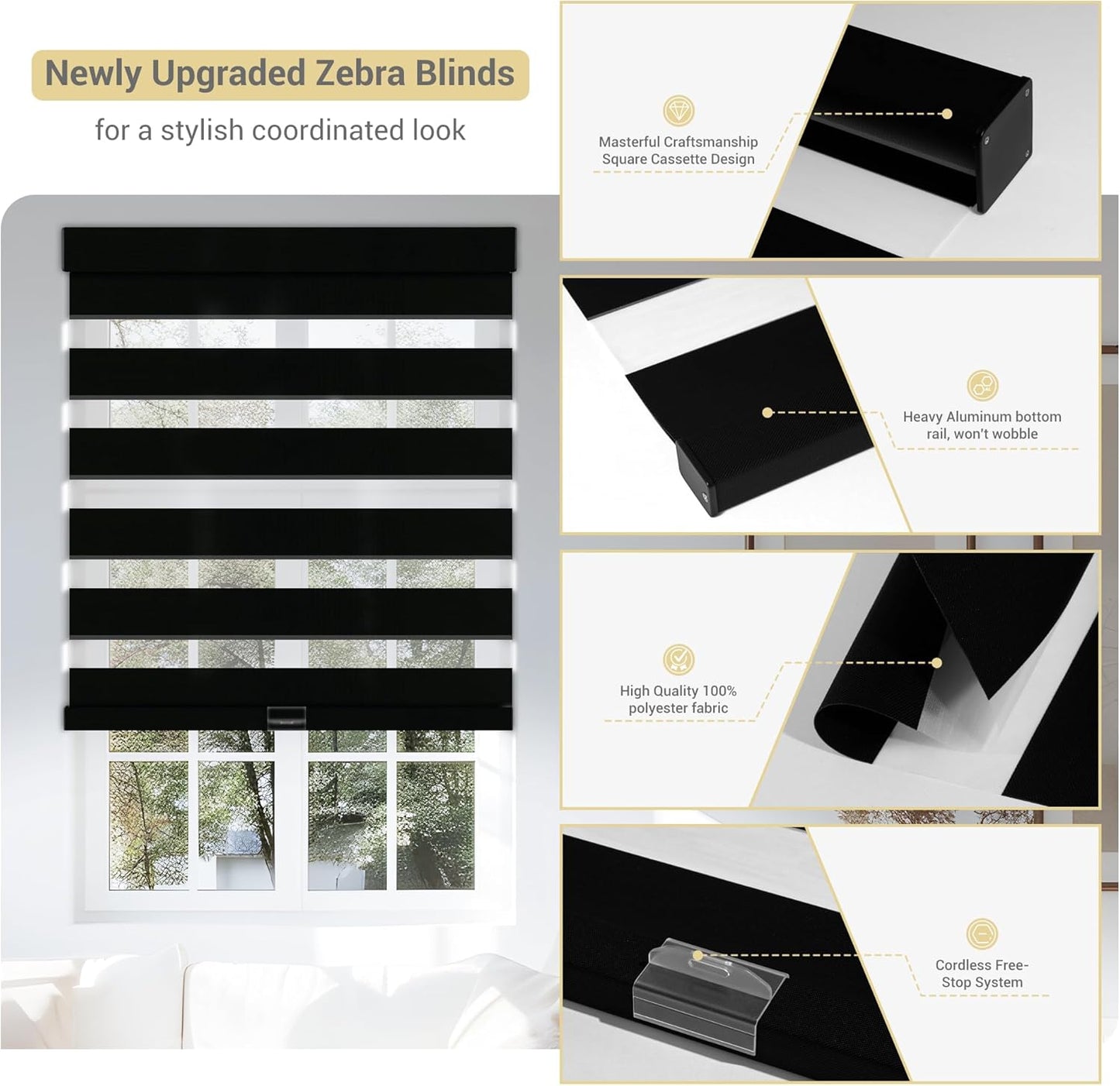 Cordless Zebra Blinds for Windows, Blackout Interior Blinds,Easy to Install,UV Protection,for Offices and Home,Custom Roller Shades, Solid Black, 27" W x 72" H