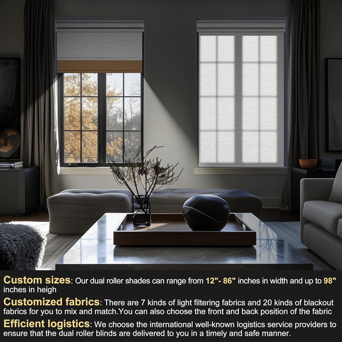 BERISSA Cordless Dual Roller Shades with Cassette Valance, Double Window Shades - Blackout and Light Filtering, Day and Night for Home Office Door. Linen Beige and White. 45 W x 56" H