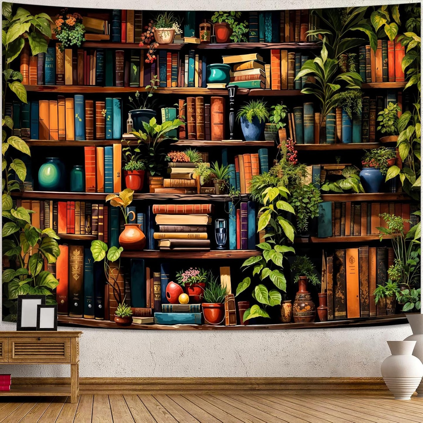 Accnicc Botanical Bookshelf Tapestry Lush Green Plant Book Shelf Tapestries Wall Hanging Vintage Retro Potted Plants Academics Extra Large Library Tapestry for Bedroom Living Room Dorm 90 x 68 inch