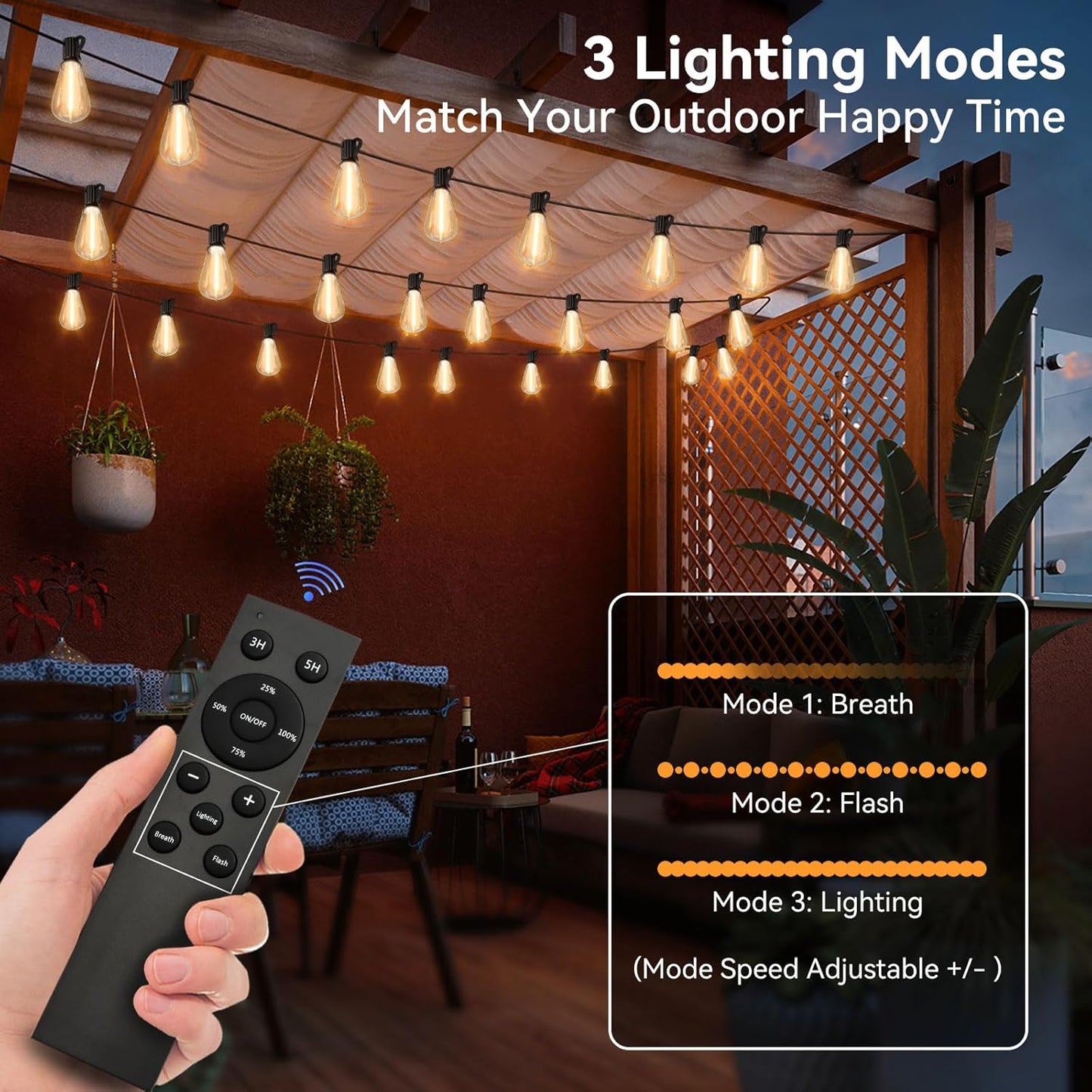 100 FT Outdoor String Lights for Outside, IP65 Waterproof ST38 LED Shatterproof Bulbs, Dimmable & Timable, 3 Light Modes, Hanging Patio Edison Lights for Porch Backyard Cafe Bistro
