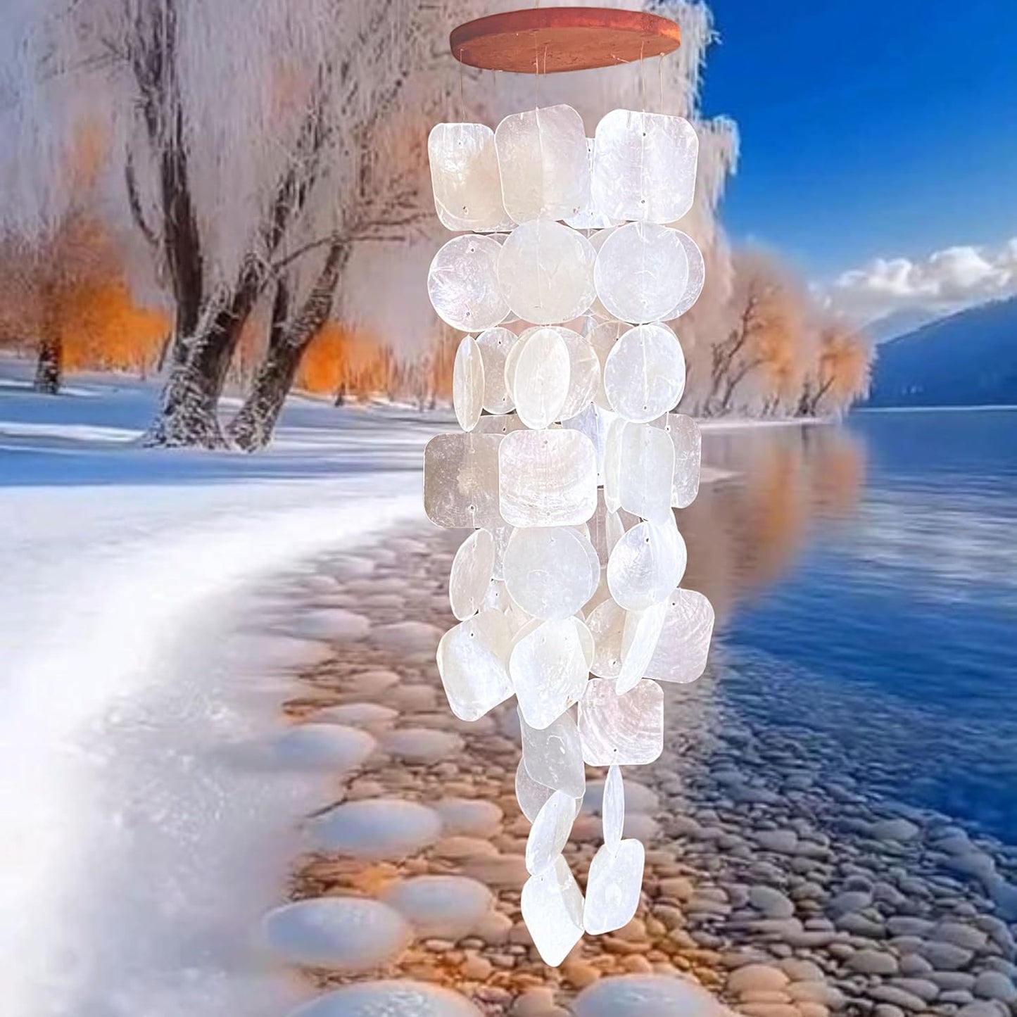 Bellaa 22913 Wind Chimes Outdoor, Garden Decorations, Musical, Indoor/Outside Windchimes, Beach, Ocean Breeze, Gifts for Mom, Gift for All Occasions, Capiz Sea Glass Shells Wood White 27 inch