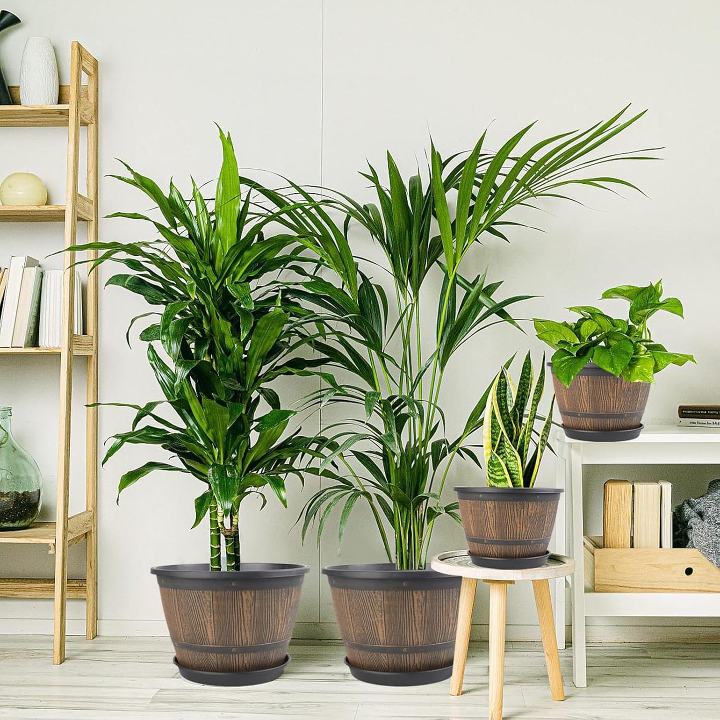 16-inch-Plant-Pots-Indoor-Outdoor, 4 Pack Large Whiskey Barrel Planters with Drainage Holes & Saucer, Plastic Flower Pots Imitation Wine Barrel Design, Decorative Garden Pots for Plants